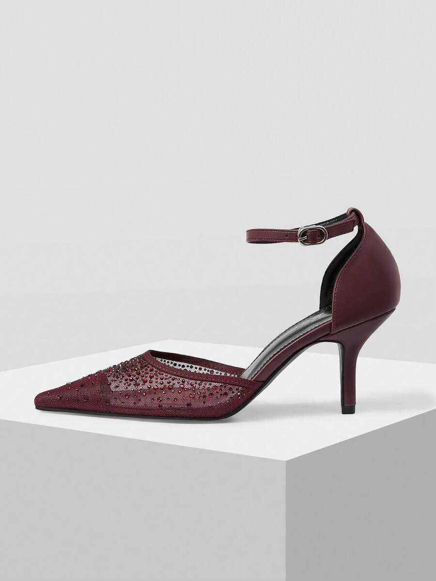 MOTF PREMIUM 水钻尖头踝带高跟鞋，情人节款，春季鞋 - 酒紅色 - 查看 1
