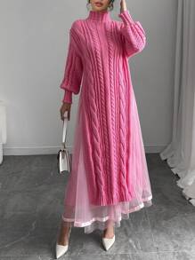 Chiquease 2 件套：高领厚毛衣和优雅薄纱裙套装，适合秋冬季 - 玫紅色 - 查看 5