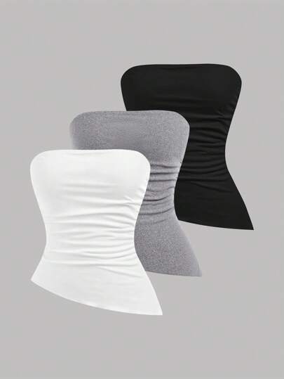 Girlism Set de 3 tops cortos de tubo tejidos en negro, blanco y gris con fruncido en la cintura y bajo asimétrico, tops bandeau de estilo deportivo y de calle versátil para adolescentes, compra 1 y llévate 2 gratis