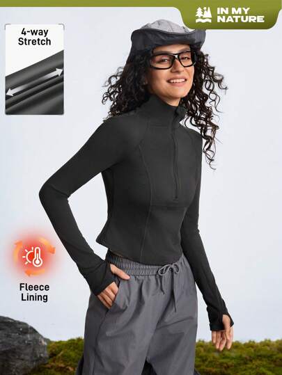 In My Nature 女士户外长袖 T 恤，弹力高，触感柔软，袖口有拇指孔，适合露营、远足、通勤和运动