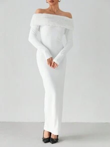 SHEIN Tall Luxury White Off-Shoulder Furry Bodycon Long Sleeve Maxi Evening Dress For Women
