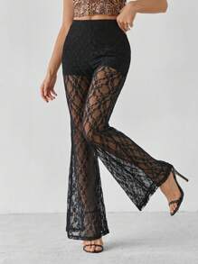 SHEIN Tall Resort Knitted Lace High Waisted Flared Women's Trousers