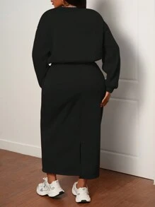 Slaydiva Sports & Casual Solid Color Orange Long Sleeve Drawstring Adjustable Pullover Hoodie And Long Pocket Skirt Set, Women Plus Size, Autumn/Winter - Black - View 2