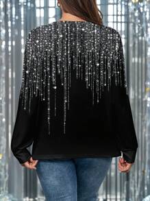 SHEIN LUNE 大码女式休闲全身印花图案宽松圆领长袖 T 恤，秋冬 - 黑色 - 查看 3