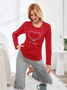 RueChic Women Letter Print Round Neck Long Sleeve Casual Top And Pants 2-Piece Set - Red - View 3