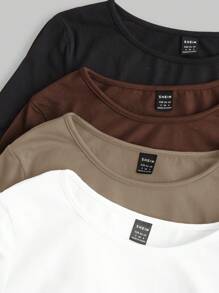 SHEIN EZwear Multi-Color Knitted Women's Round Neck Long Sleeve Ruched Bodycon T-Shirt