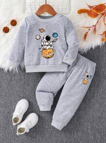SHEIN 2pcs/Set Young Boy Astronaut Print Crew Neck Long Sleeve Sweatshirt And Sweatpants Casual Outfit, Autumn/Winter - Black - View 3
