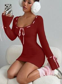 Flirla Women Contrast Color Block Front Tie Long Sleeve Casual Short Dress Fall Cloth For Women - Red - View 7
