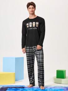 Men's Round Neck Long Sleeve Printed Casual Lounge Wear Top Cozy And Elegant Details, Fall & Winter - Black - View 7