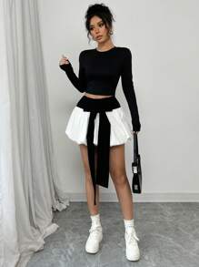 SHEIN Unity 性感露背吊带高领长袖上衣和蝴蝶结装饰短裙两件套 - 黑色 - 查看 4