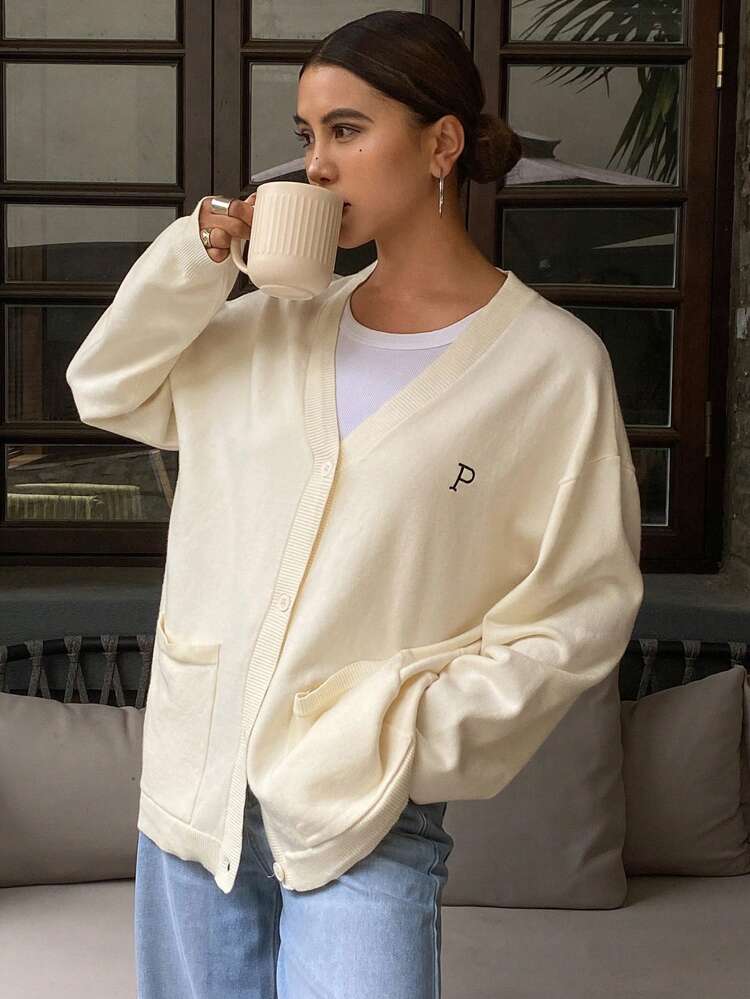 Loose Fit V-Neck Letter Embroidery Cardigan For Women,Fall Clothes