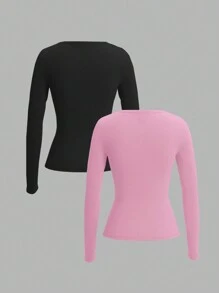 SHEIN EZwear Blusa básica de mujer de manga larga ajustada con botones delanteros, para uso casual diario en primavera