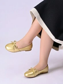 1 Paio Di Scarpe Da Principessa Piatte Da Ragazza In Pu Dorate Con Fiocco, Adatte Per Primavera/Estate