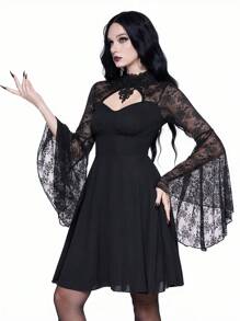 ROMWE Gothic Romantic Lace Flare Sleeve Mini Dress, For New Year - Black - View 6