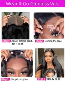 戴上即用无胶假发 人发 预拔 预剪 4x4 直发 蕾丝前假发 女士人发假发 无胶 透明蕾丝前闭合 可戴假发 150% 密度 - Natural Black - 查看 8