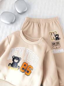 Cozy Pixies 2pcs/Set Baby Boy Letter Print Crewneck Long Sleeve Sweatshirt And Elastic Cuff Pants Clothes Set - Multicolor - View 5