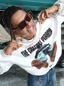 Manfinity VCAY Áo nỉ dệt kim dáng rộng, tay dài có mũ trùm đầu họa tiết cho nam, áo hoodie trắng, dành tặng bạn bè, chồng, quà tặng bạn trai, cho mùa thu đông - trắng - Xem 4