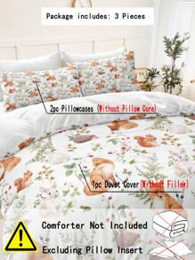 Juego de ropa de cama de 3 piezas con diseño digital de zorros, ardillas, erizos y conejos sobre base blanca (1 funda nórdica + 2 fundas de almohada, sin relleno), de poliéster suave y transpirable, apto para dormitorio, para todas las estaciones - Multicolor - Ver 10