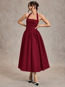 SHEIN BAE 优雅女士长裙，适合日常约会和外出，秋夏喇叭裙 - 酒紅色 - 查看 6