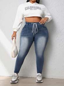 SHEIN CURVE+ Quần jean nữ có dây rút cỡ lớn eo thon có túi - Rửa tối - Xem 5