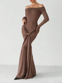 SHEIN Tall Off Shoulder Long Sleeve Wrap Dress - Coffee Brown - View 7