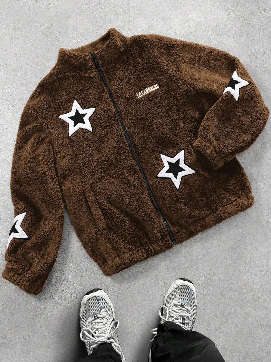 Manfinity EMRG Áo khoác tay dài họa tiết ngôi sao có khóa kéo phía trước dành cho nam, Áo khoác ngôi sao, Áo khoác ngôi sao màu nâu, Áo khoác nam màu nâu, Phong cách Grunge - màu nâu - Xem 1