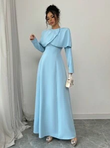 Elenzga 女式简约纯色围脖领长袖休闲连衣裙长款女装