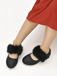 Girl's Black Furry High Heel Pumps, Suitable For Daily Wear - Black - View 3