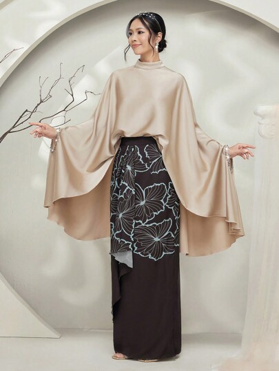 Graceveil Baju Kurung Women's Solid Color Stand Collar Batwing Sleeve Top And Floral Print Maxi Skirt Hanfu Set Modest