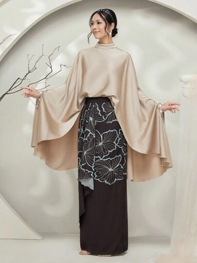 Graceveil Baju Kurung 女士纯色立领蝙蝠袖上衣和花卉印花长裙汉服套装