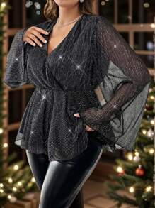 SHEIN Essnce Plus-Size Women's Black Long-Sleeved Top, Festive Dress,Sheer Long Sleeve Top,Long Sleeve Top Going Out Tops Holiday Outfits,Holiday Tops Women Clothing Christmas Long Sleeve Shirt Black Long Sleeve Top,Classy Outfits