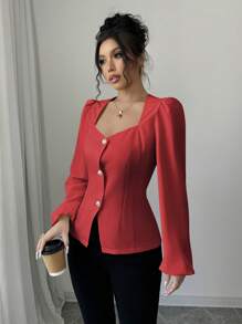 Elenzga 女士纯色方领褶皱泡泡袖优雅长袖衬衫 - 紅色 - 查看 4