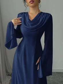 Elenzga Elegant Romantic Flounce Neck Flare Sleeve Women's Dress Fall Cloth For Women - Navy Blue - View 4