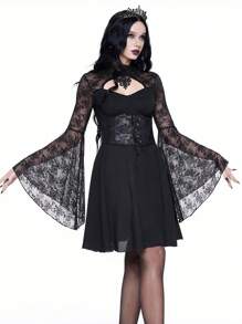 ROMWE Gothic Romantic Lace Flare Sleeve Mini Dress, For New Year - Black - View 4