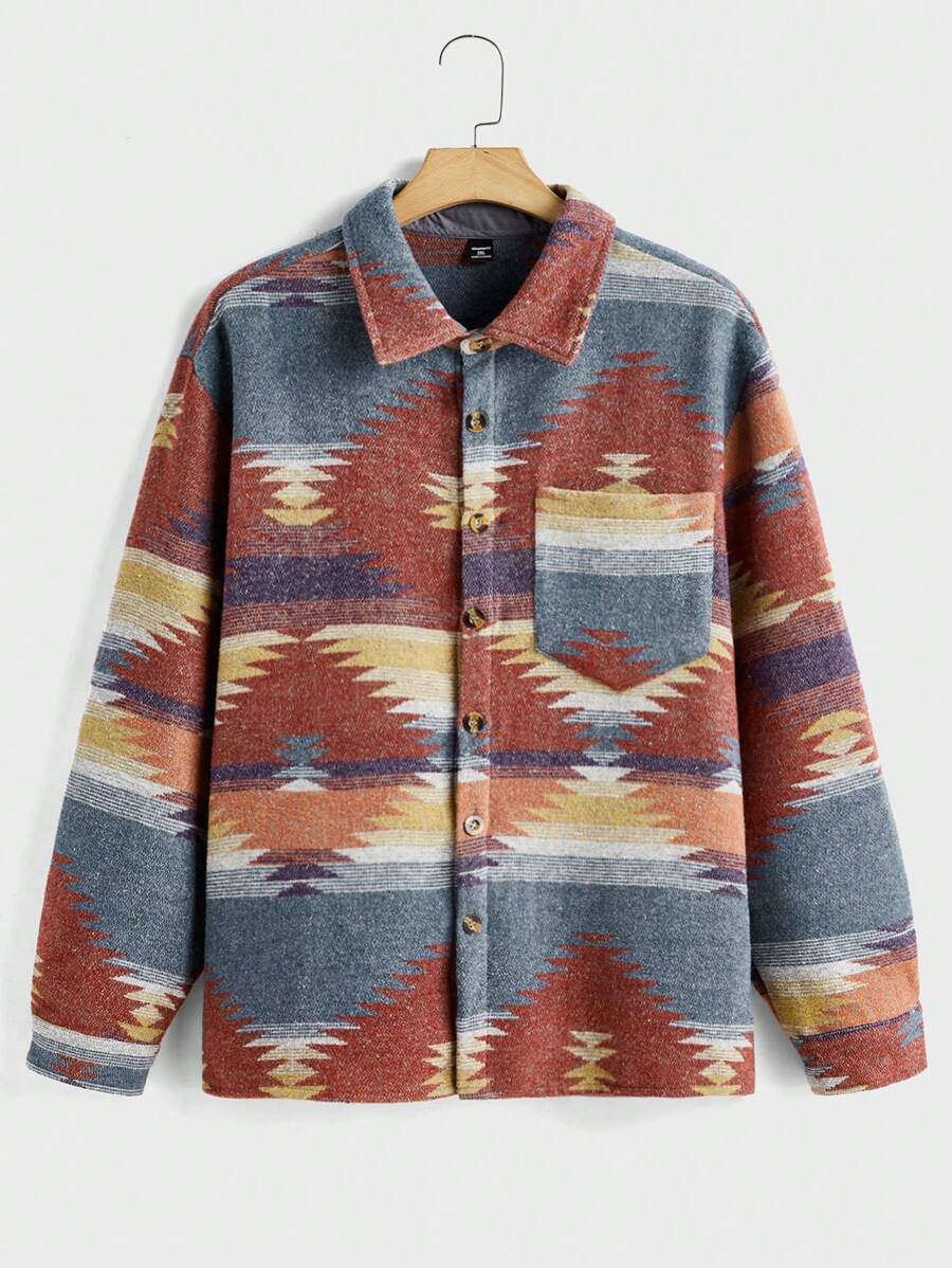 Manfinity Homme Plus Size Men's Front Button Long Sleeve Pocket Casual Shacket - Orange - View 1