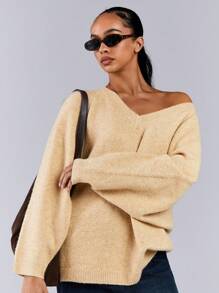 Athîral 女士宽松插肩袖针织毛衣，秋冬季休闲款 - 棕色 - 查看 1