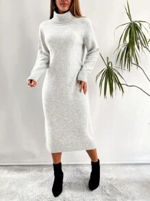 EURMUSE Damen einfarbiges Strickkleid mit Rollkragen und Langarm für Lässig, Herbst/Winter - Weiss - Übersicht 4