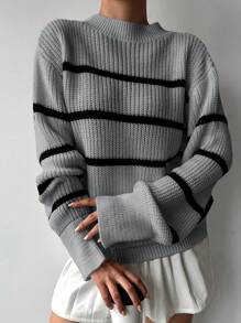 EURMUSE Women's Casual Contrast Color Striped Sweater, Autumn/Winter - Dark Grey - View 5