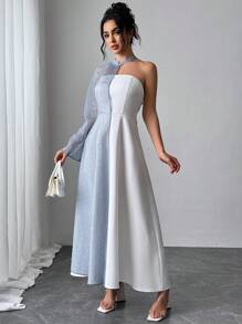 SHEIN Privé Light Blue And White,Autumn,Elegant,Formal Women's Mesh Overlay Single Bell-Sleeve Strapless A-Line Dress Luxurious New Year Party Date - Blue and White - View 4
