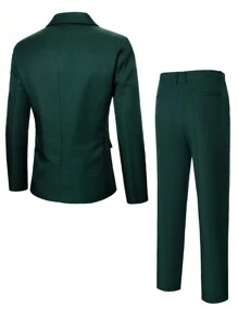 Manfinity Mode Men's Solid Color Front Button Long Sleeve Pocket Minimalist Shirt And Long Pants Suit Set - Green - View 2