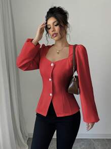 Elenzga 女士纯色方领褶皱泡泡袖优雅长袖衬衫 - 紅色 - 查看 6