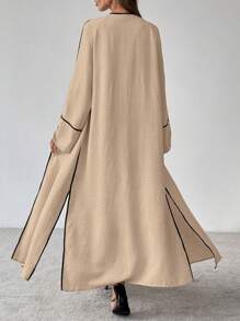 SHEIN Clasi 女士优雅休闲通勤两件套：长袖圆领宽松开衫和纯色阔腿裤 - 卡其色 - 查看 2