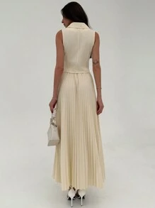 Aloruh Elegante conjunto de 2 piezas con blusa con decoración de botones delanteros y falda plisada en línea A, estilo universitario, versátil para citas - Beis - Ver 4
