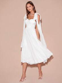 Enchnt Spring/Summer Romantic Women's White Pleated Bowknot Shoulder Shinny Mesh Princess Maxi Dress,Sweet&Elegant For Valentine's Day&Birthday&Holiday Party&Sweet Date Night&Prom& Wedding Dress&Graduation Season&Vacation