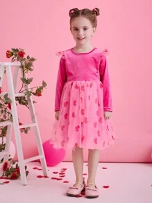 Christmas Young Girl Dress, Party Wear, Santa Dress, New Year Dress, Girls Velvet Heart Print Tulle Long Sleeve Dress, Holiday Party, European And American Style - Pink - View 3