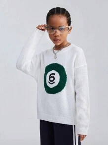 SHEIN Tween Girl Basic Number Pattern Stretchy White Fitted Long Sleeve Sweater, Mom And Daughter - White - View 4