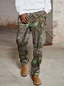 PAVTROS Manfinity Streetrush Men's Minimalist Full-Print Front Tie Pocket Long Pants, Casual For Daily Wear - Army Green - View 1