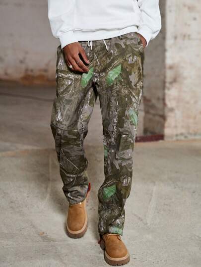 PAVTROS Manfinity Streetrush Men's Minimalist Full-Print Front Tie Pocket Long Pants, Casual For Daily Wear