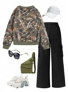 Tween Girls Leaf Digital Print Crew Neck Sweatshirt & Pleated Pocket Pants Casual Outfit Suit - Black - View 2