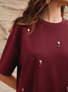 Anewsta Women's Solid Color Woven Long Sleeve Casual & Resort T-Shirt, Spring - Burgundy - View 6